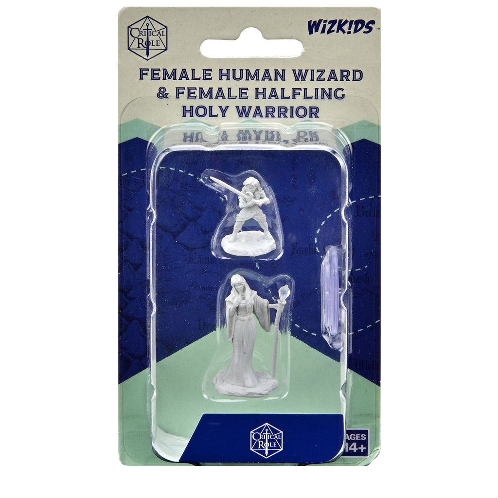 Critical Role Unpainted Miniatures: Human Wizard Female & Halfling Holy Warrior Female